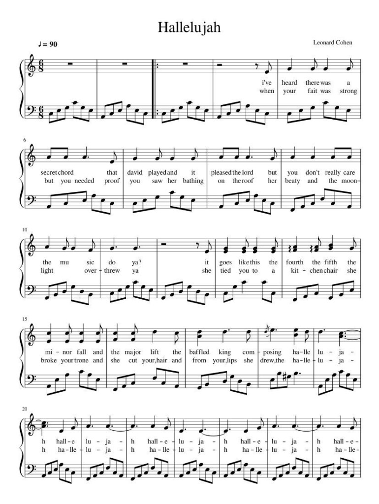 Free Printable Piano Sheet Music For Hallelujah By Leonard Cohen Free 