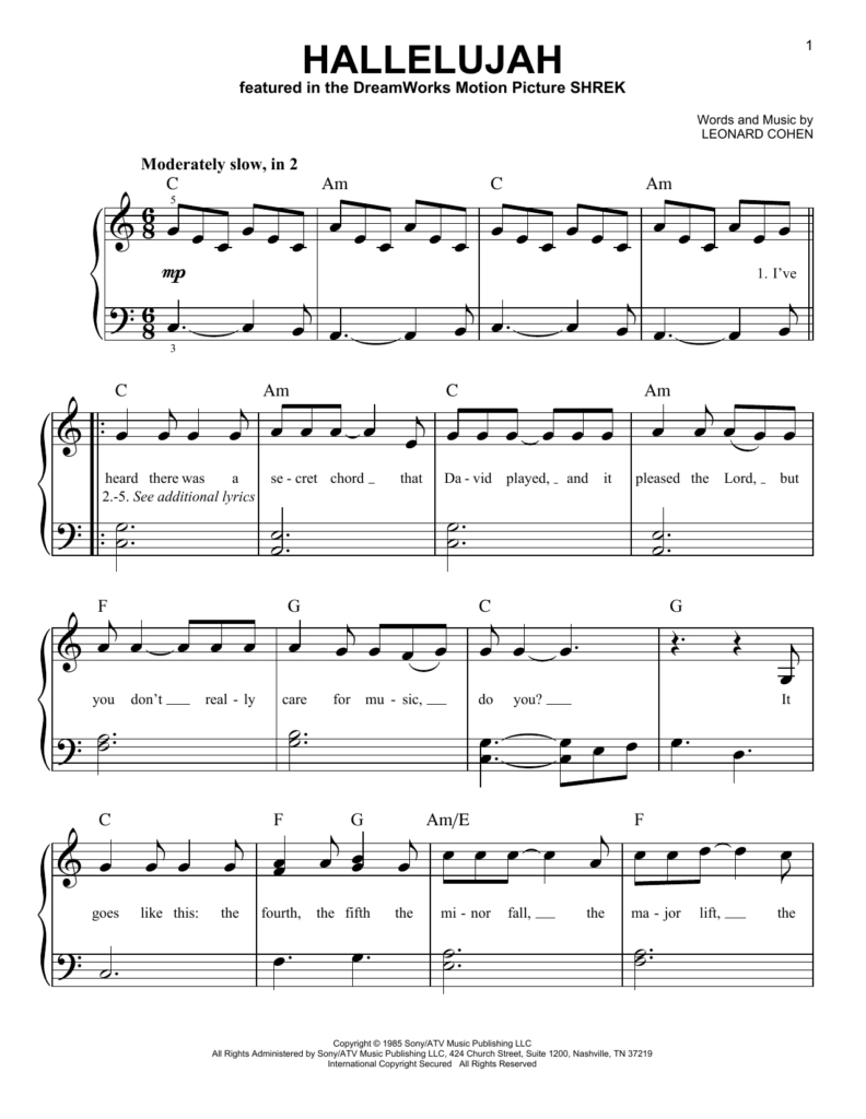 Free Printable Piano Sheet Music For Hallelujah By Leonard Cohen Free 