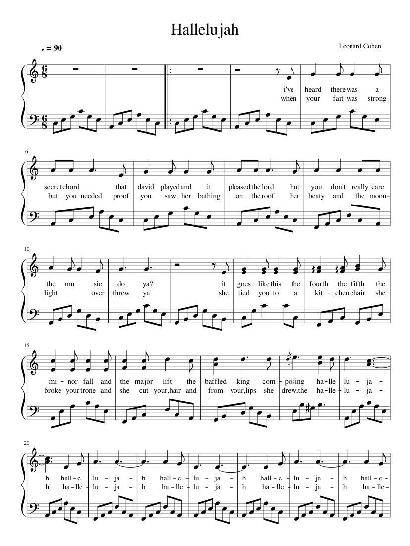 Free Printable Piano Sheet Music For Hallelujah By Leonard Cohen Free