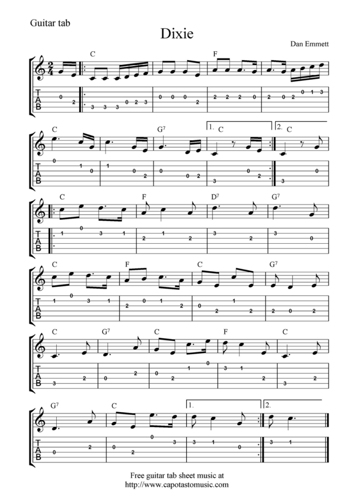 Free Sheet Music Scores Free Guitar Tab Sheet Music Dixie Guitar 