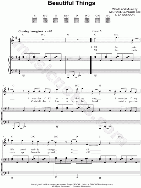 Gungor Beautiful Things Sheet Music In G Major transposable 