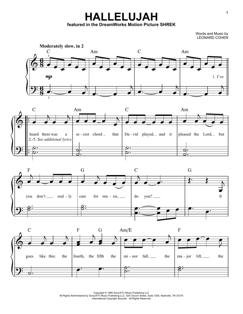 Hallelujah Sheet Music Leonard Cohen Easy Piano Hallelujah Sheet 