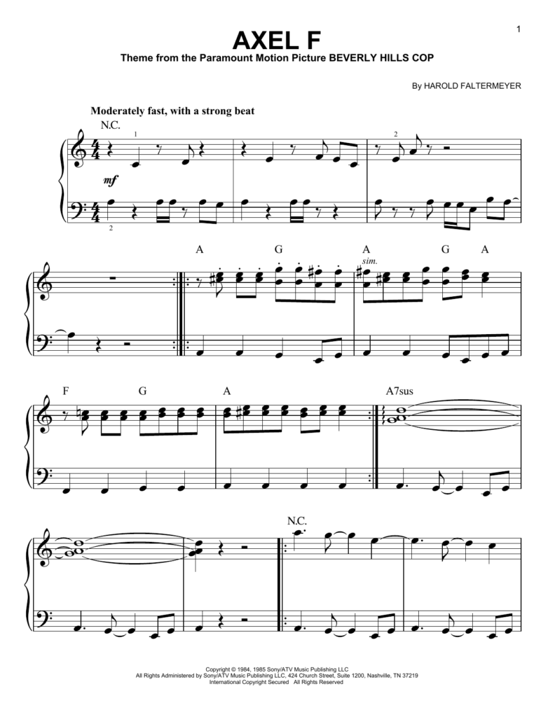 Harold Faltermeyer Axel F Sheet Music And Printable PDF Music Notes 