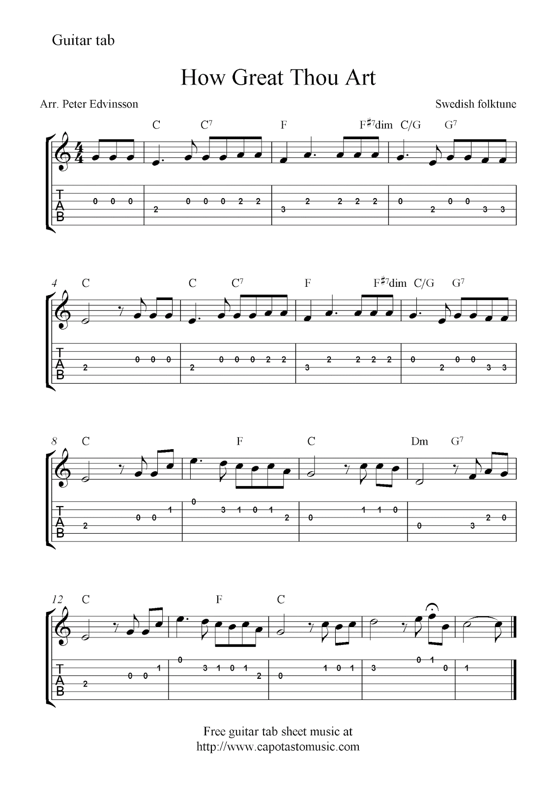 How Great Thou Art Easy Free Christian Guitar Tablature Sheet Music