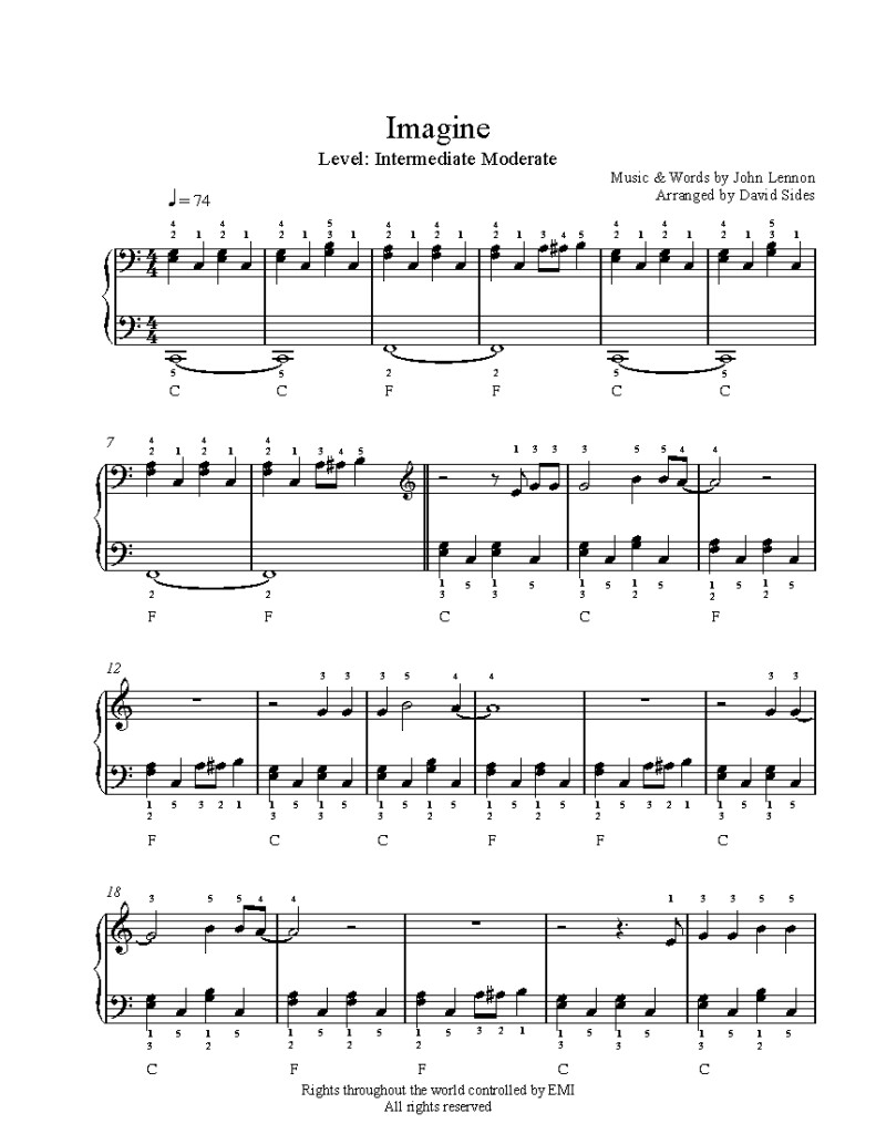 Imagine By John Lennon Piano Sheet Music Intermediate Level