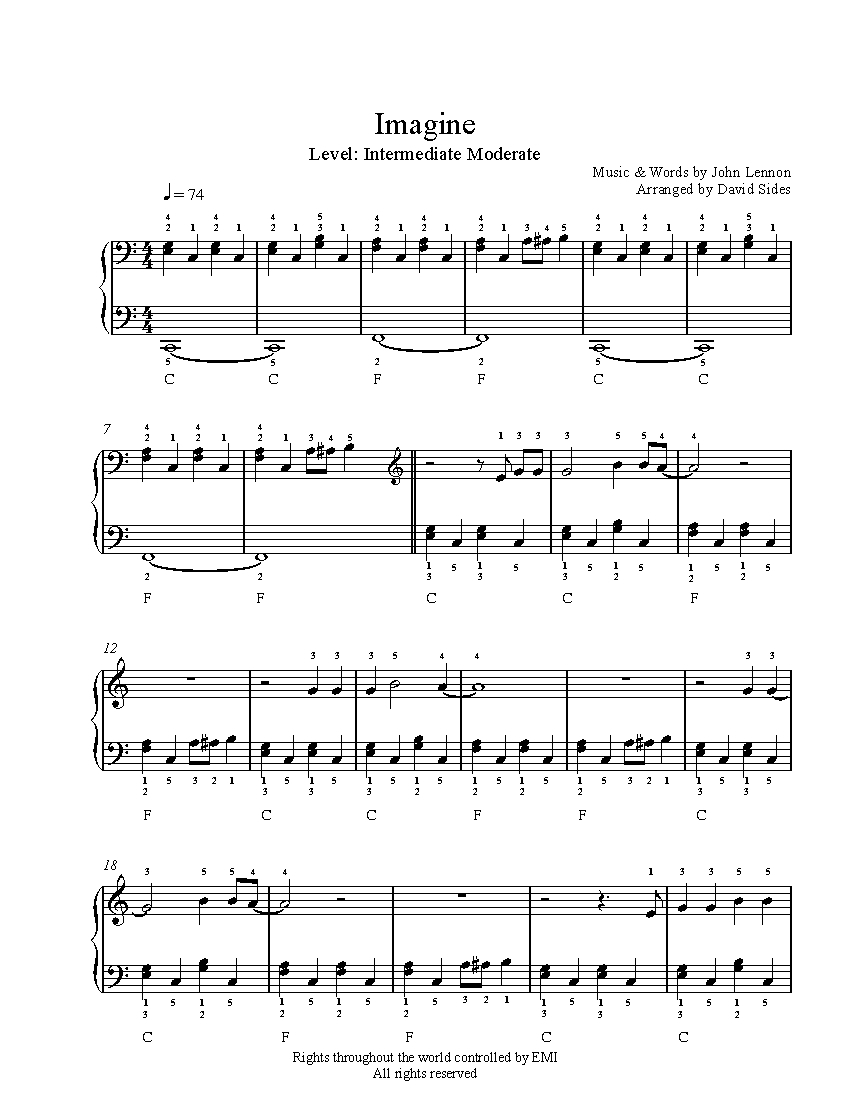 Imagine By John Lennon Piano Sheet Music Intermediate Level