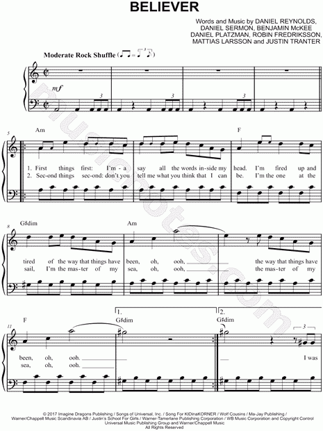 Imagine Dragons Believer Sheet Music Easy Piano In A Minor 