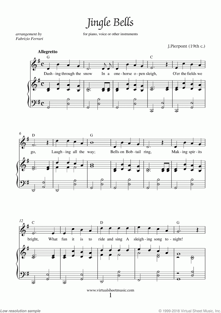 Jingle Bells Piano Sheet Music Easy With Lyrics PDF 