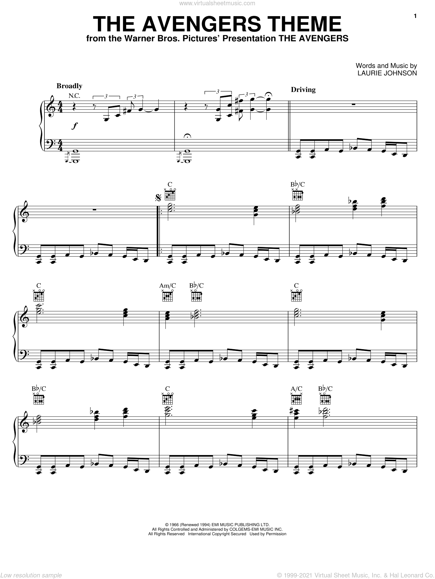 Johnson The Avengers Theme Sheet Music For Piano Solo PDF