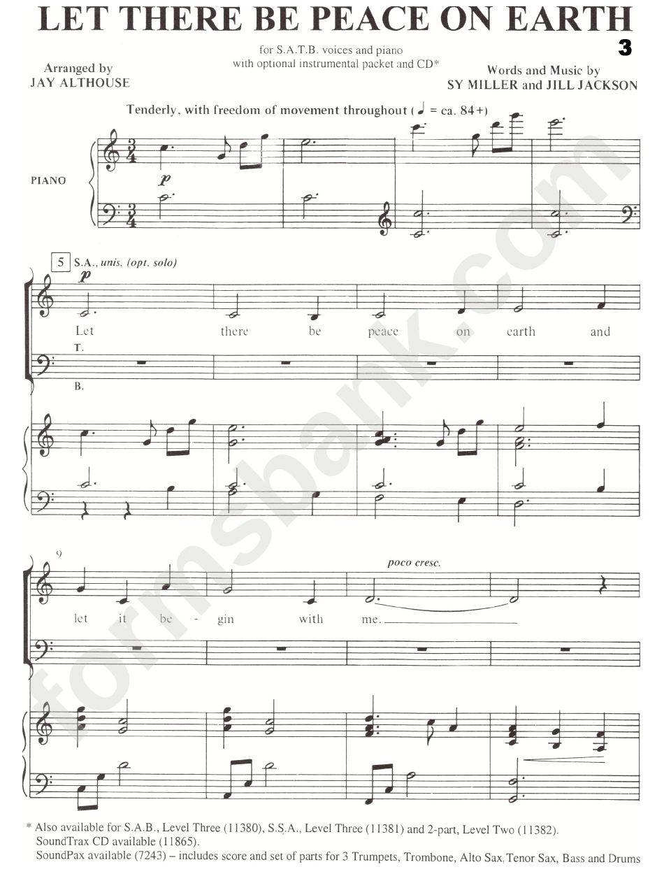 Let There Be Peace On Earth Sheet Music Sy Miller And Jill Jackson 