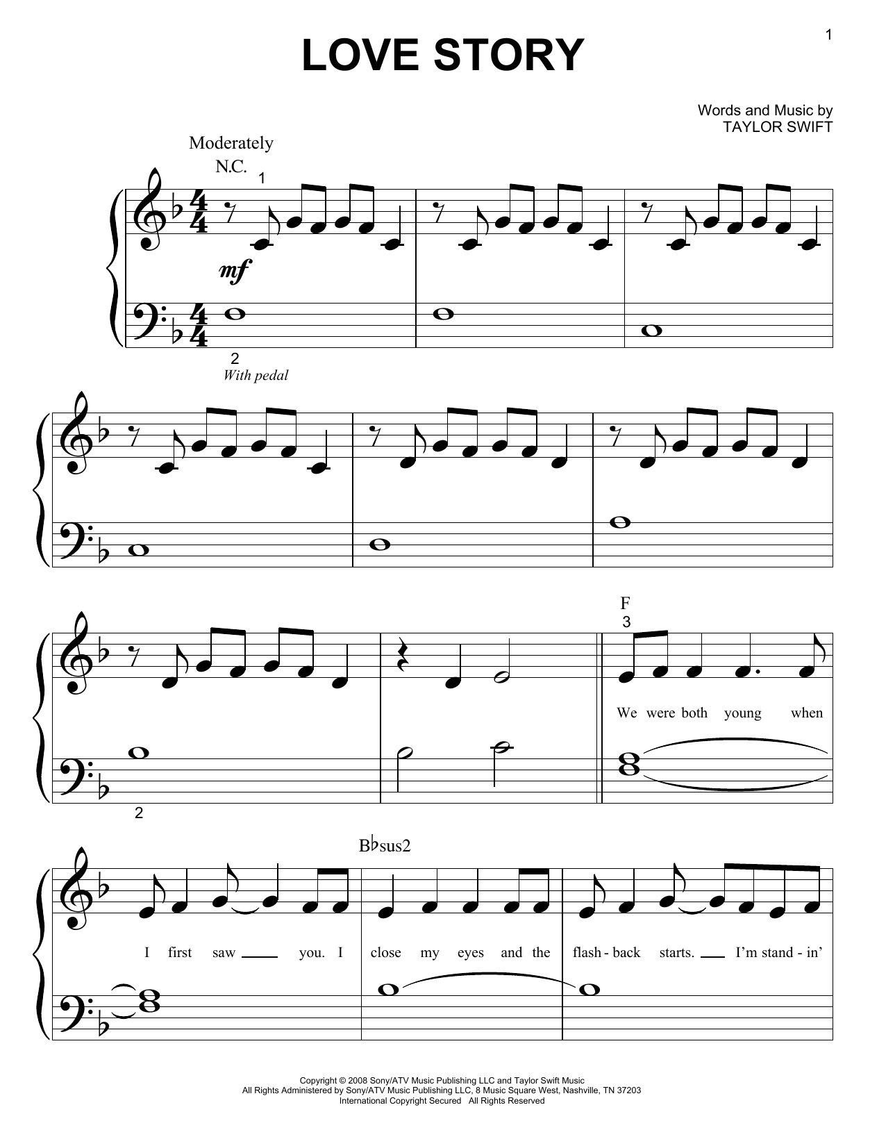 Love Story Sheet Music By Taylor Swift Piano Big Notes 74568 