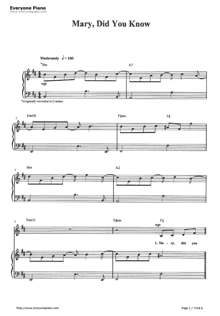 Mary Did You Know Kathy Mattea Stave Preview 1 Free Piano Sheet Music 