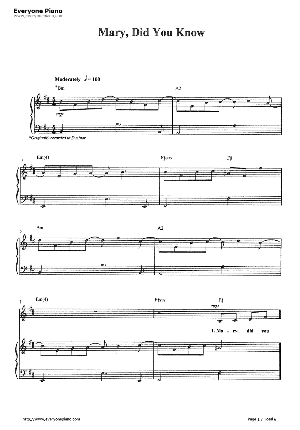 Mary Did You Know Kathy Mattea Stave Preview 1 Free Piano Sheet Music 