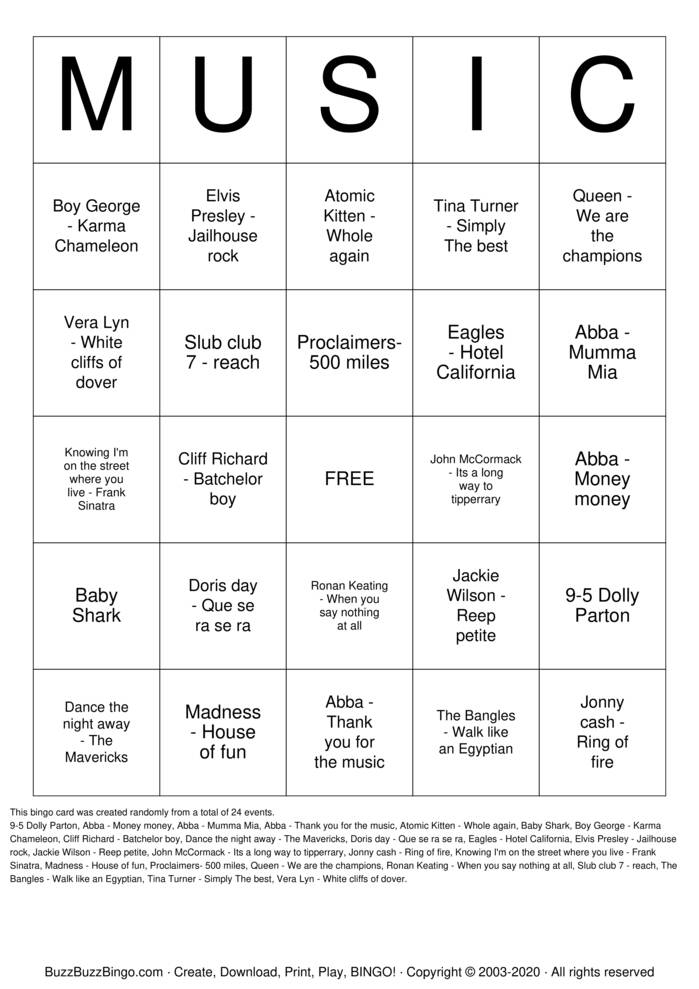 Music Bingo Cards To Download Print And Customize