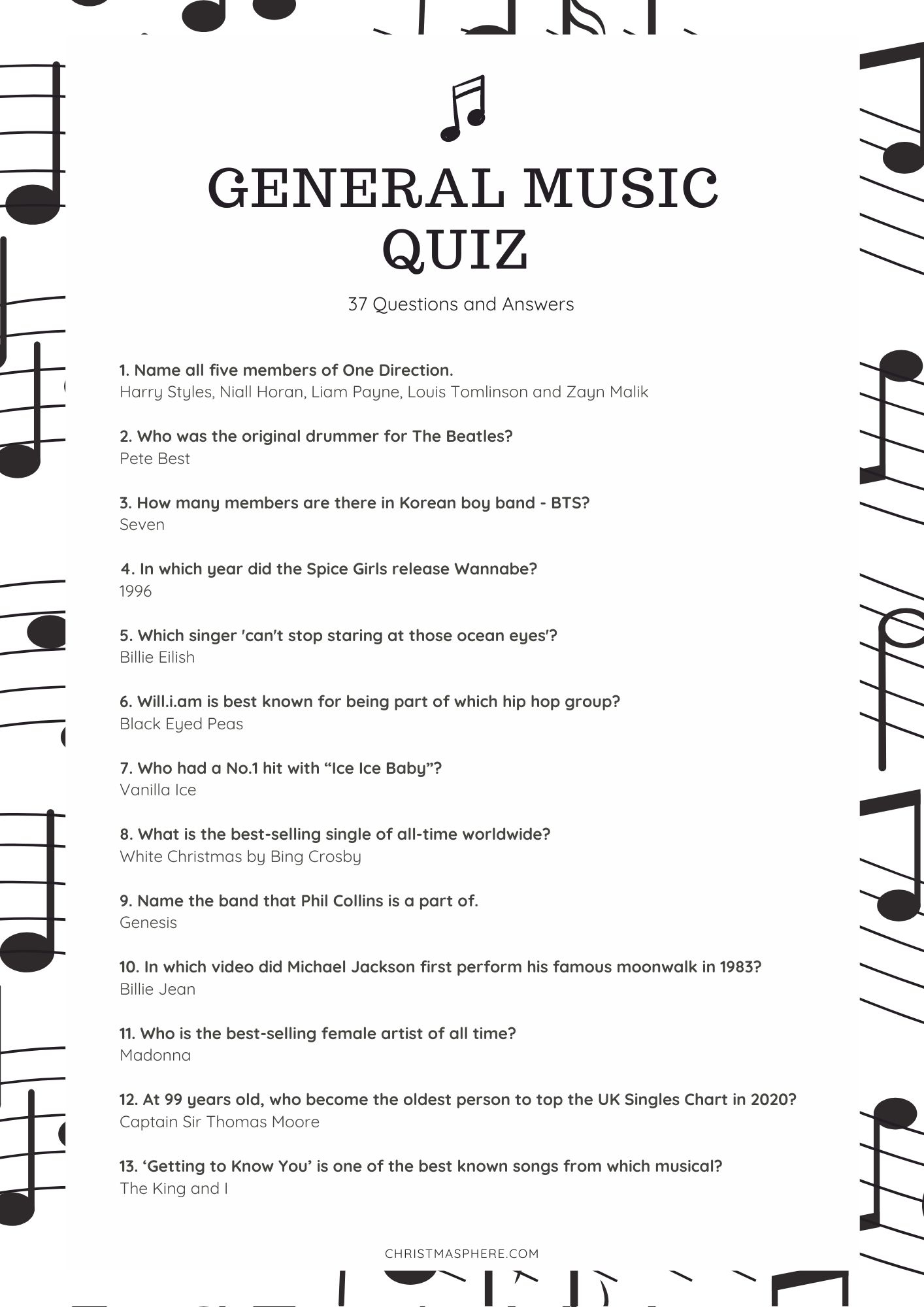 Printable Music Quiz Questions And Answers Printable Music