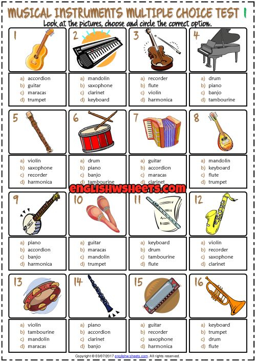 Musical Instruments ESL Printable Multiple Choice Tests Instrument 