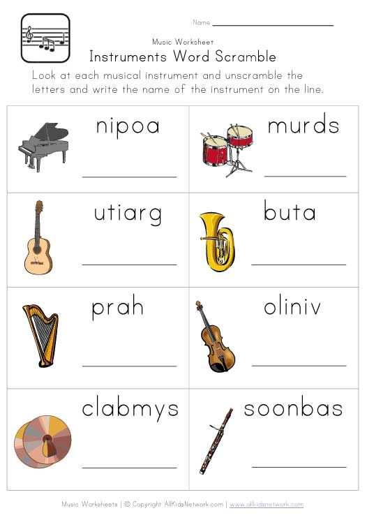 Musical Instruments Word Scramble Worksheet Music Worksheets Music