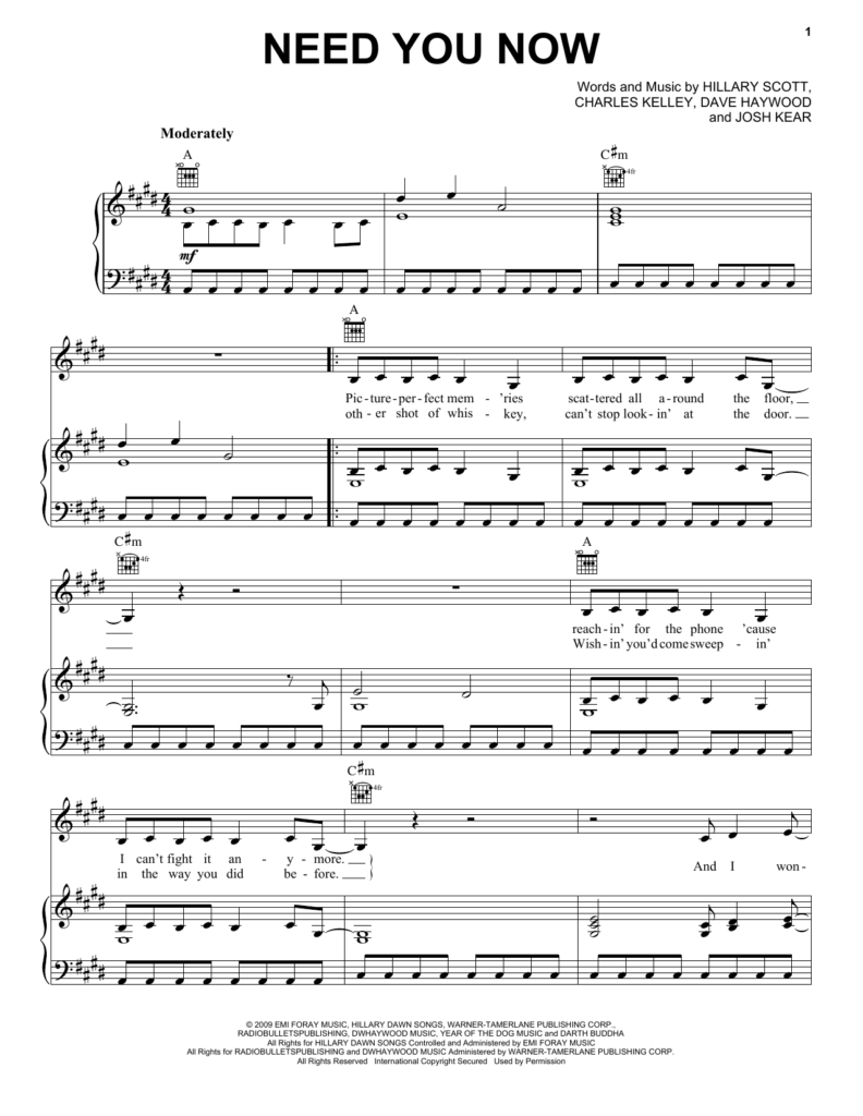 Need You Now Sheet Music By Lady Antebellum Piano Vocal Guitar 