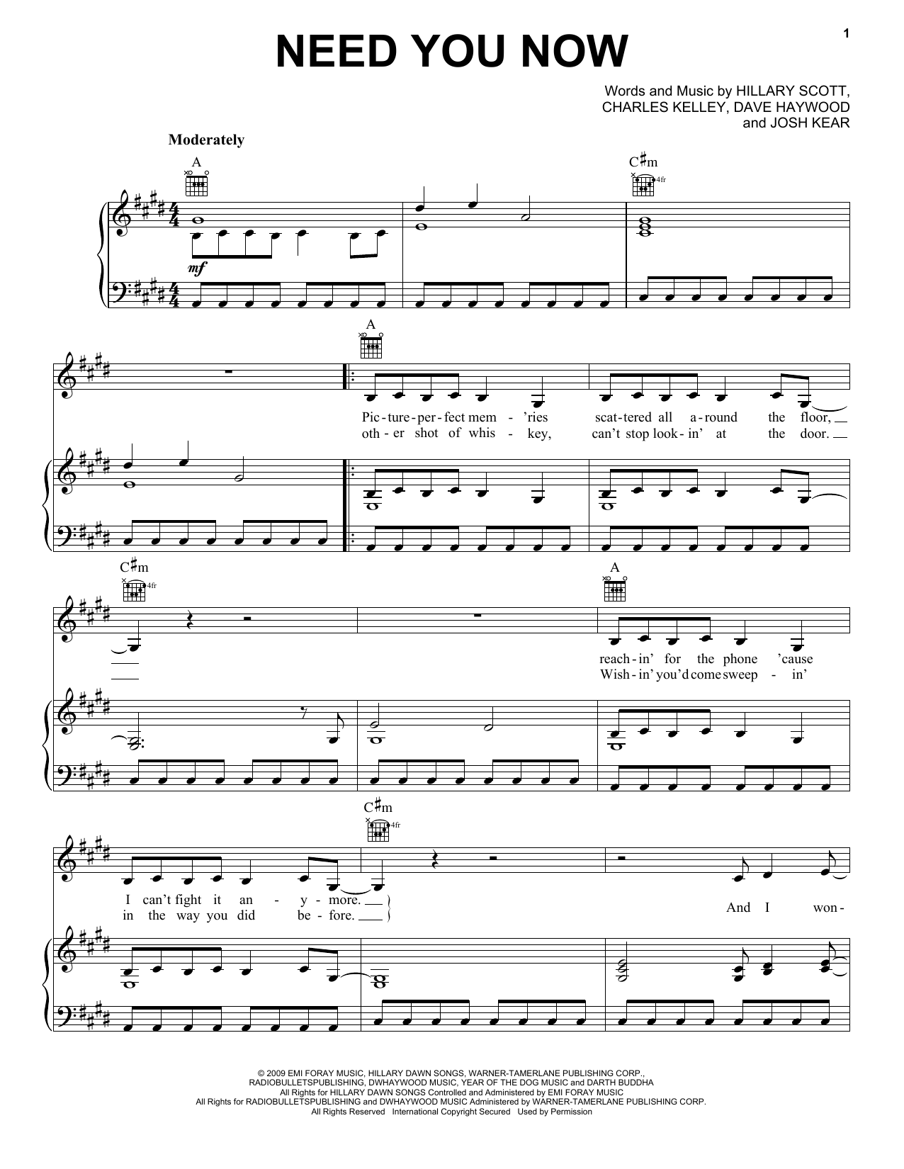 Need You Now Sheet Music By Lady Antebellum Piano Vocal Guitar 