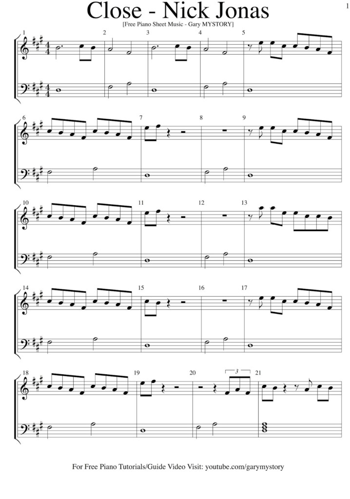 Nick Jonas Close Feat Tove Lo FREE PIANO SHEET MUSIC Easy Piano 