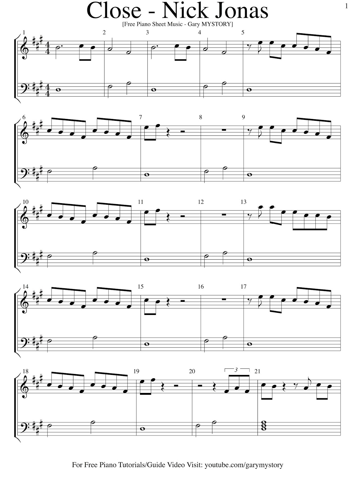 Nick Jonas Close Feat Tove Lo FREE PIANO SHEET MUSIC Easy Piano