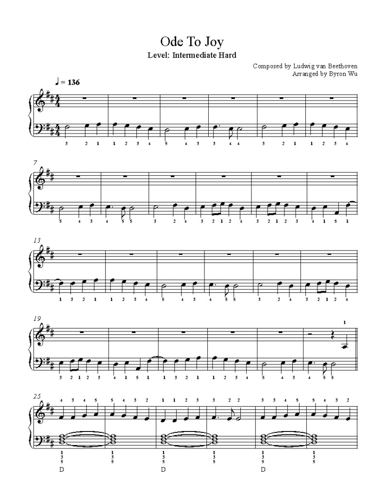 Ode To Joy By Ludwig Van Beethoven Piano Sheet Music Intermediate Level