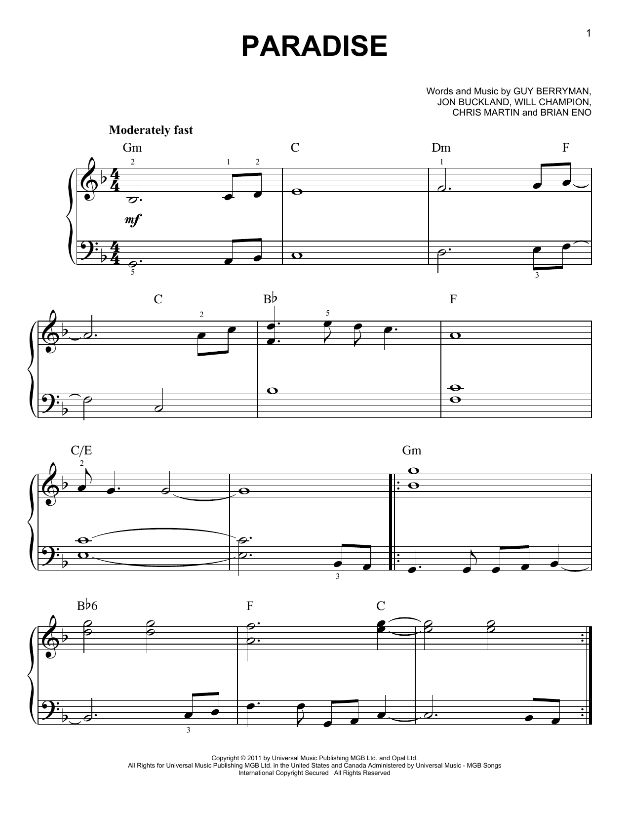 Paradise Sheet Music By Coldplay Easy Piano 92385 