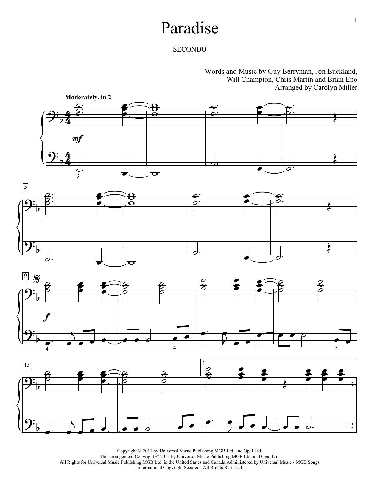 Paradise Sheet Music By Coldplay Piano Duet 162360 