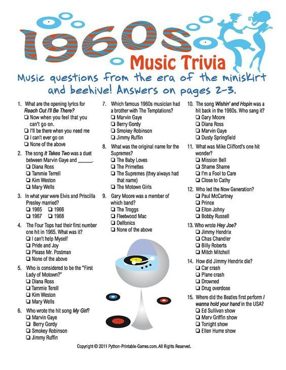 Printable 1960s Trivia Game Music Trivia 60th Birthday Party