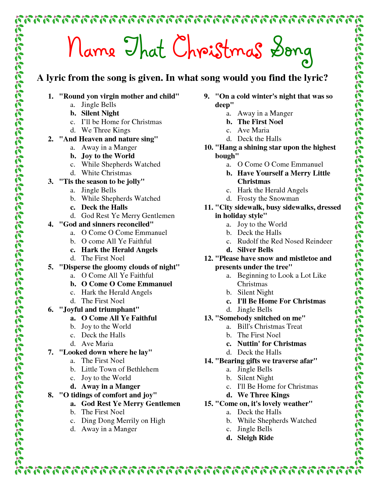 Printable Christmas Song Answers Tis The Season Christmas Trivia