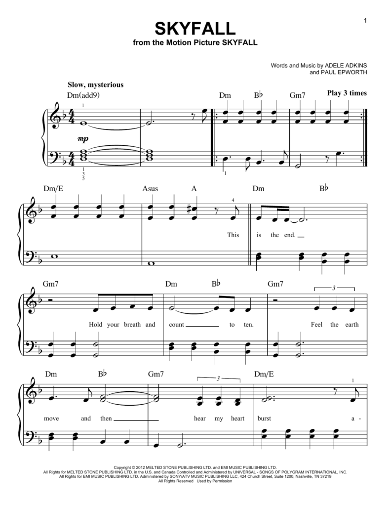 Skyfall Sheet Music By Adele Easy Piano 95895 