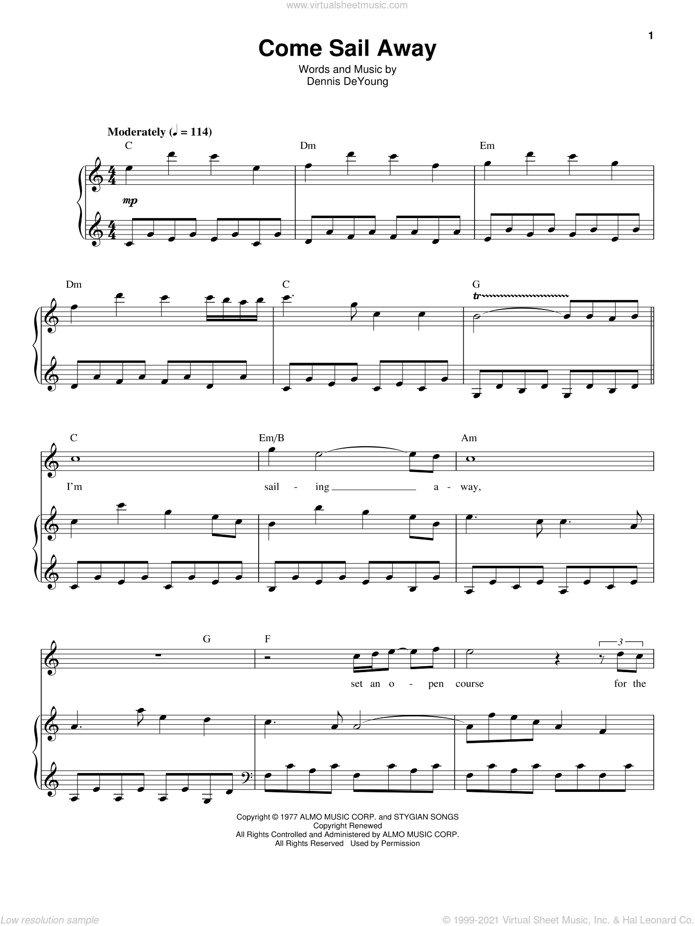 Styx Come Sail Away Sheet Music For Voice And Piano PDF 