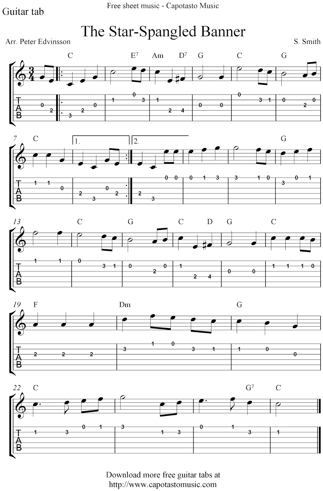 The Star Spangled Banner Free Guitar Tablature Sheet Music Notes For 