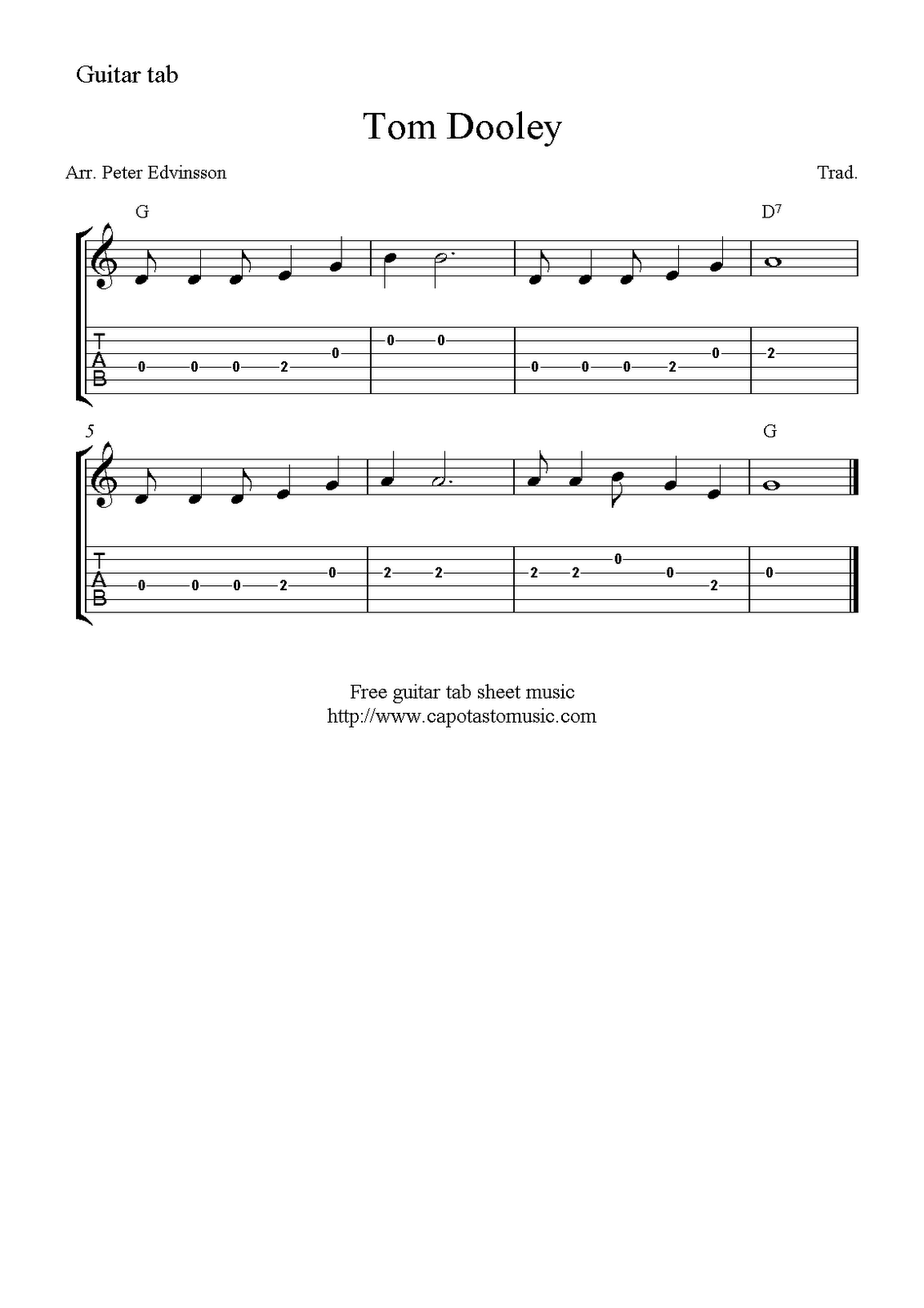 Tom Dooley Easy Free Guitar Tablature Sheet Music For Beginners