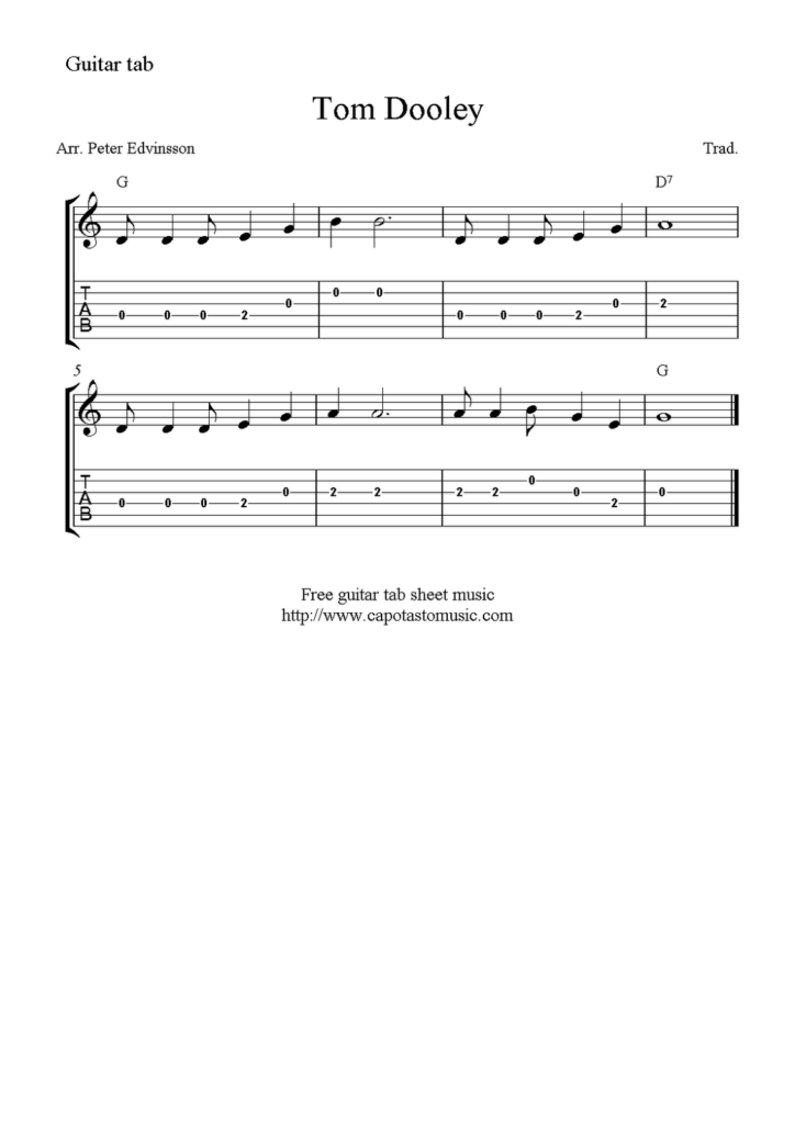 Tom Dooley Easy Free Guitar Tablature Sheet Music For Beginners