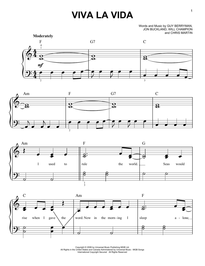 Viva La Vida Sheet Music By Coldplay Easy Piano 67358 