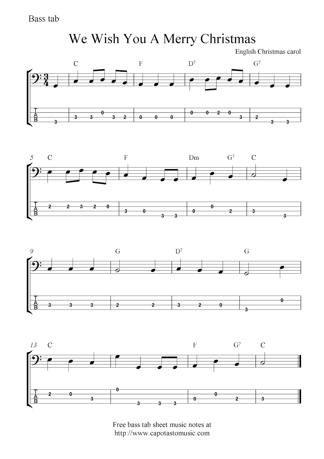 We Wish You A Merry Christmas Free Christmas Bass Tab Sheet Music Notes