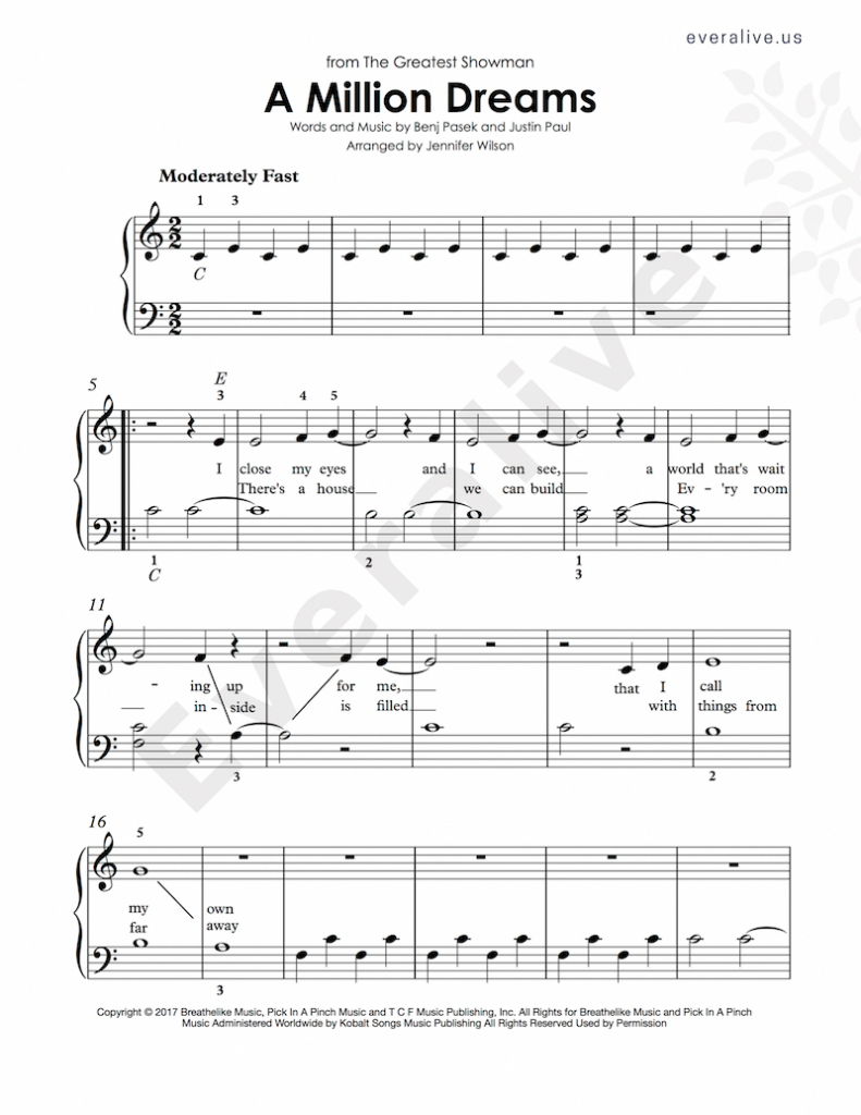 A Million Dreams From The Greatest Showman Piano Sheet Music 