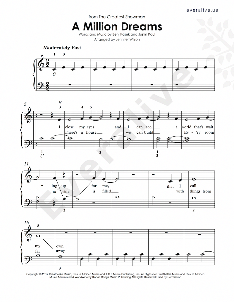 A Million Dreams From The Greatest Showman Piano Sheet Music 