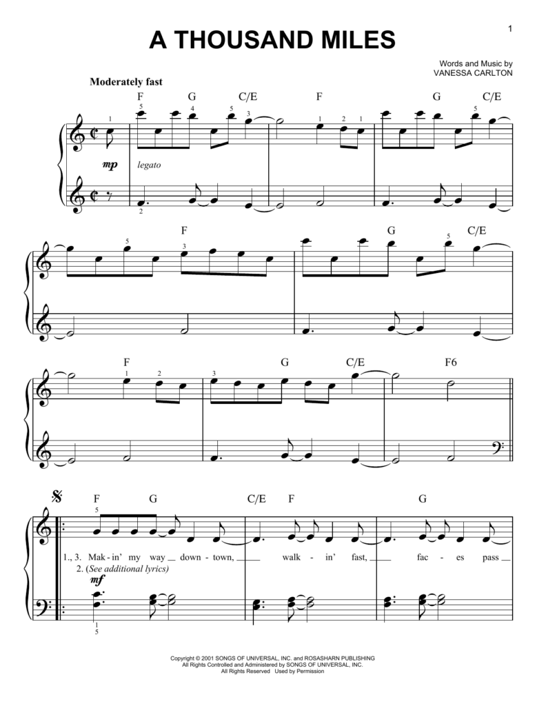 A Thousand Miles Sheet Music By Vanessa Carlton Easy Piano 29392 