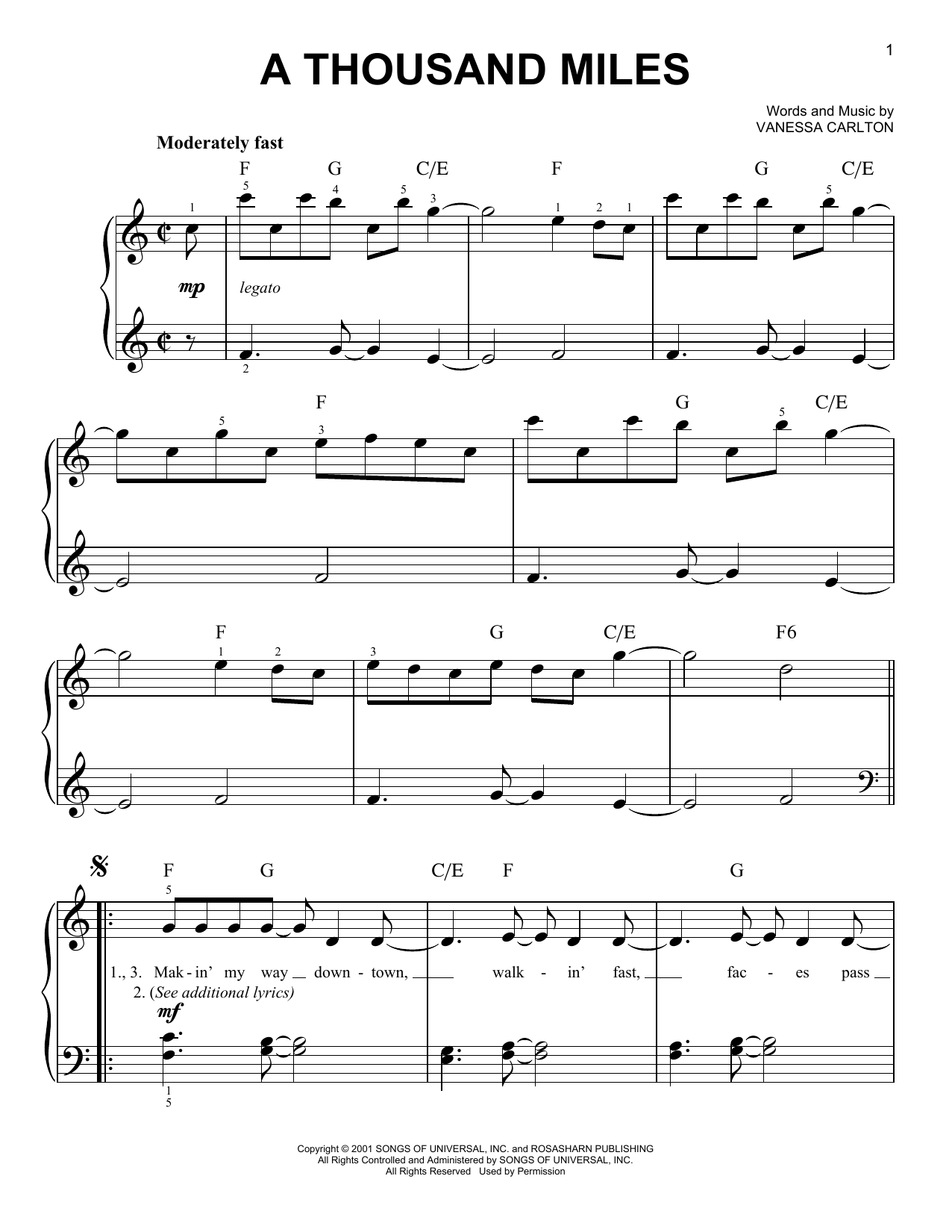 A Thousand Miles Sheet Music By Vanessa Carlton Easy Piano 29392 