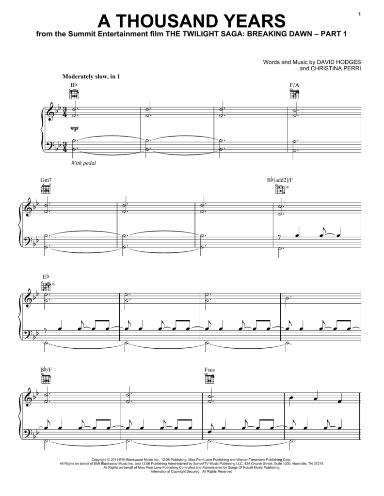 A Thousand Years Sheet Music By Christina Perri Piano Vocal Guitar 