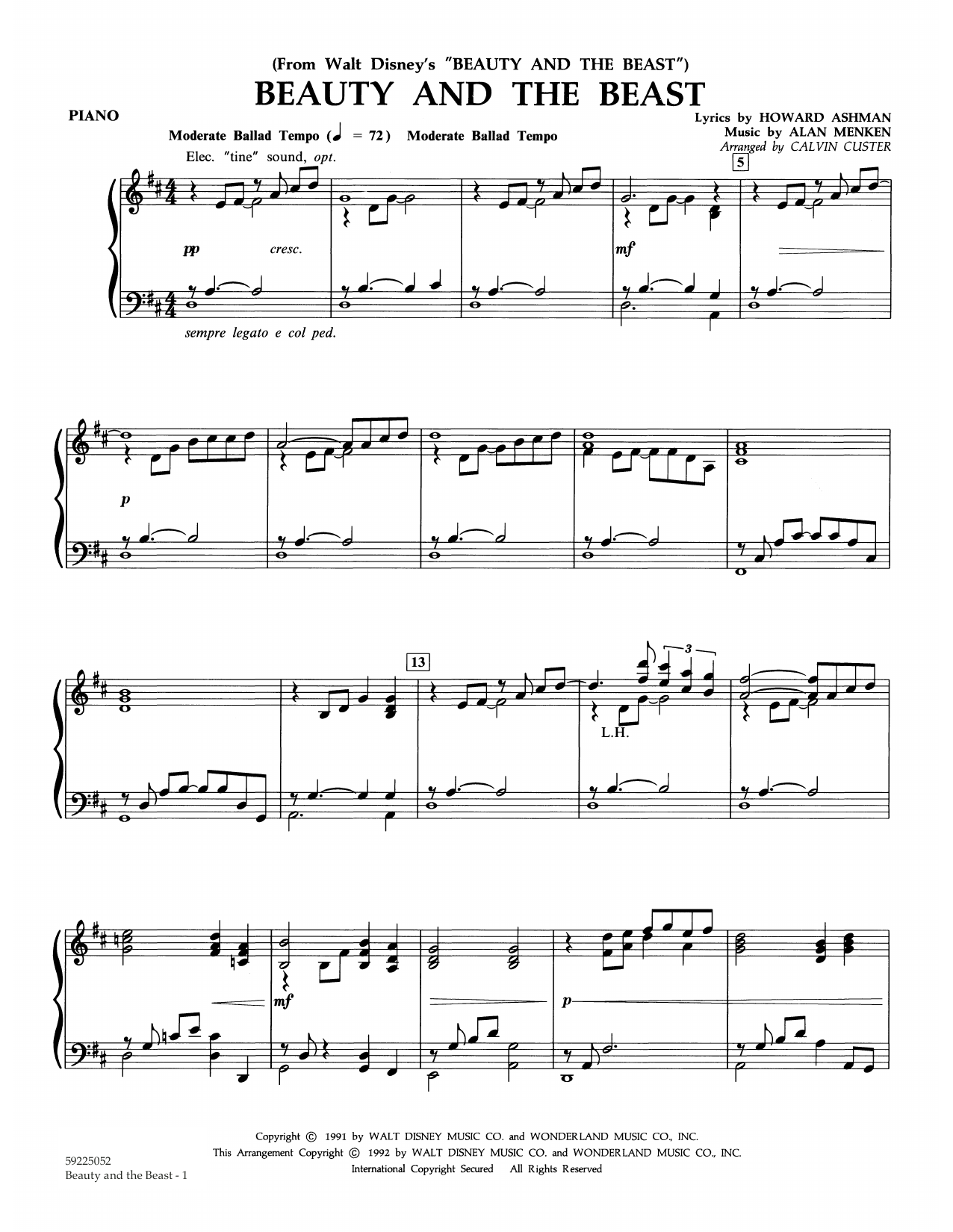 Alan Menken Beauty And The Beast arr Calvin Custer Piano Sheet 