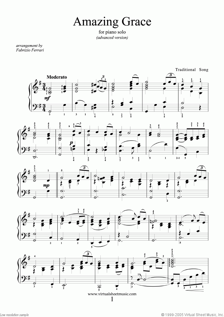 Amazing Grace advanced Version Sheet Music For Piano Solo PDF 