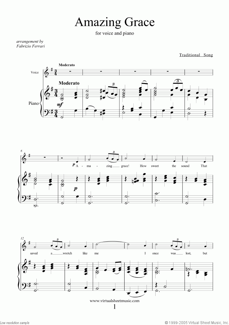 Amazing Grace in G Sheet Music For Voice And Piano PDF 