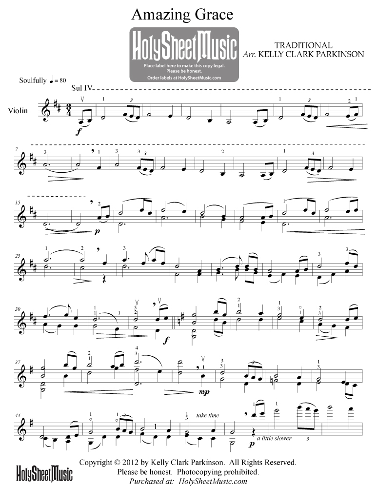 Amazing Grace Violin Parkinson Holy Sheet Music