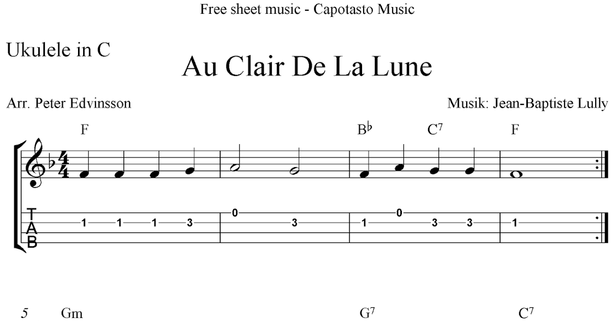 Au Clair De La Lune Easy Free Ukulele Tab Sheet Music