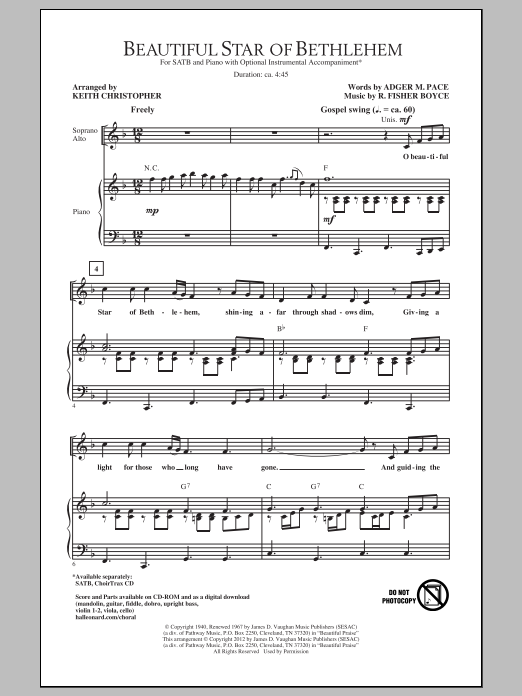 Beautiful Star Of Bethlehem Choral SATB Sheet Music By By Keith 