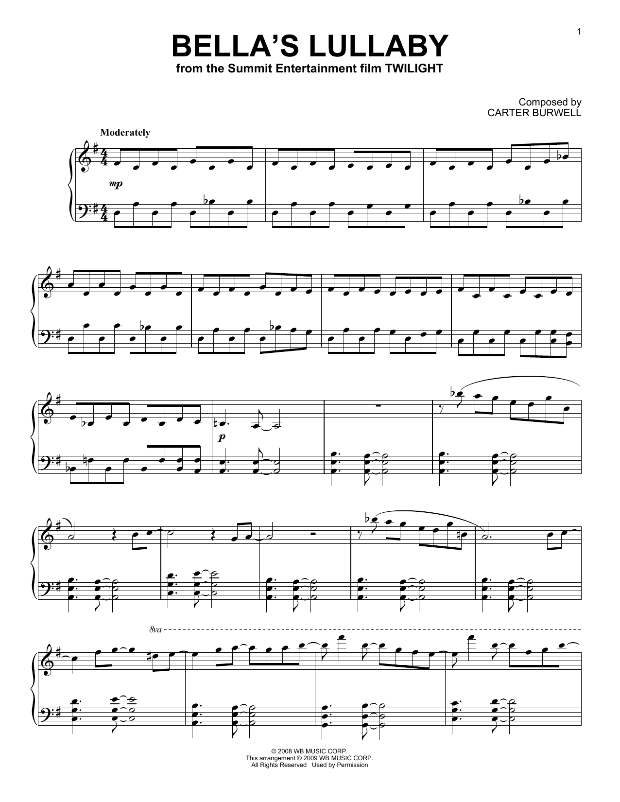 Bella s Lullaby Sheet Music By Carter Burwell Piano 153354 