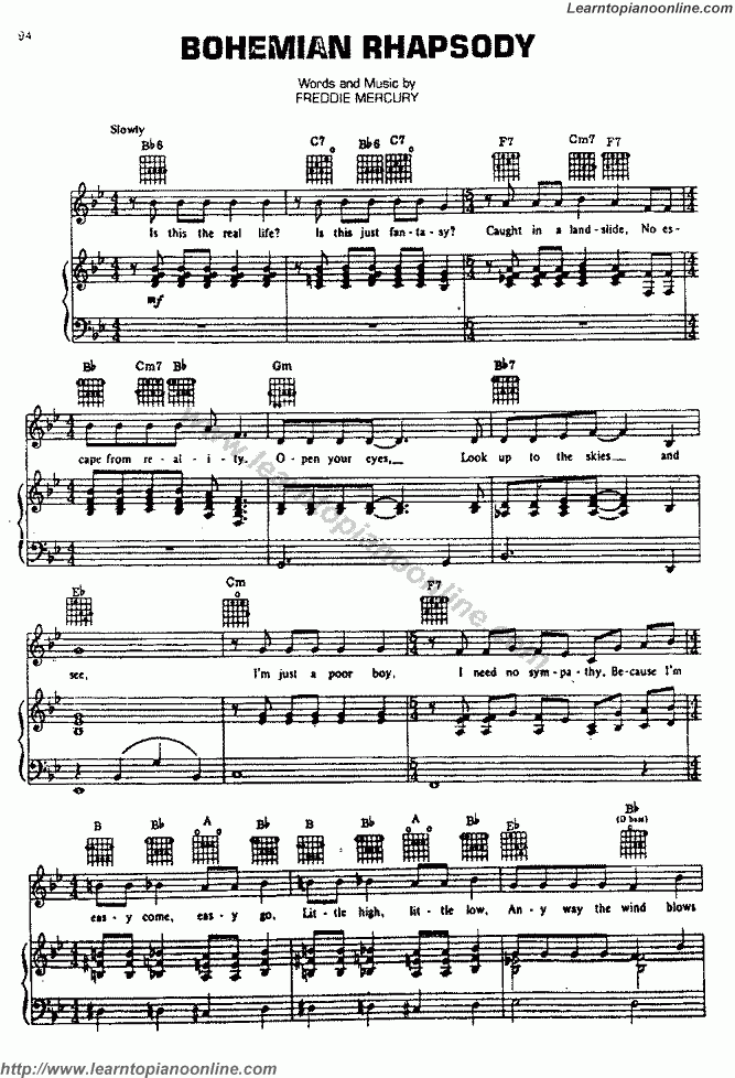 Bohemian Rhapsody By Queen Free Piano Sheet Music Learn How To Play 